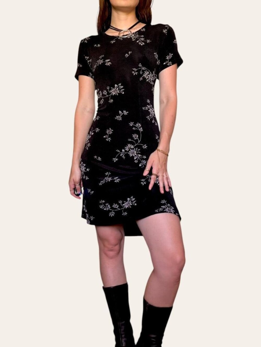 90s vintage ESSE black/gray floral slinky short sleeve mini shirt dress